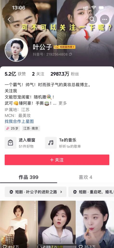 剧情类KOL短剧示例2-抖音叶公子账号