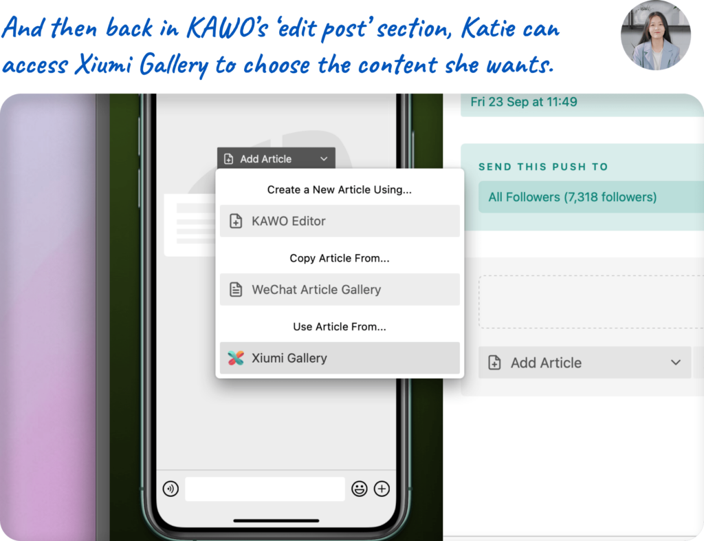 And then back in KAWO’s ‘edit post’ section, Katie can access Xiumi Gallery to choose the content she wants.