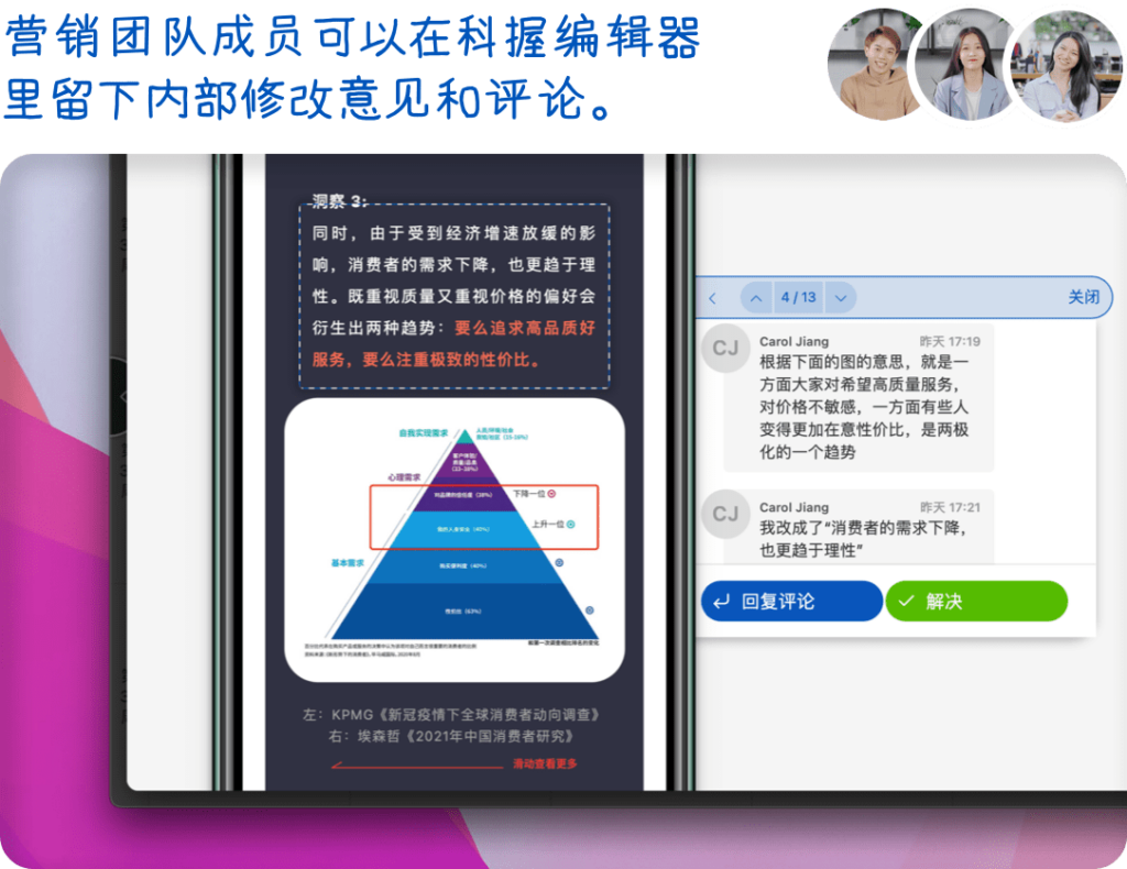 营销团队成员可以在科握编辑器里留下内部修改意见和评论。