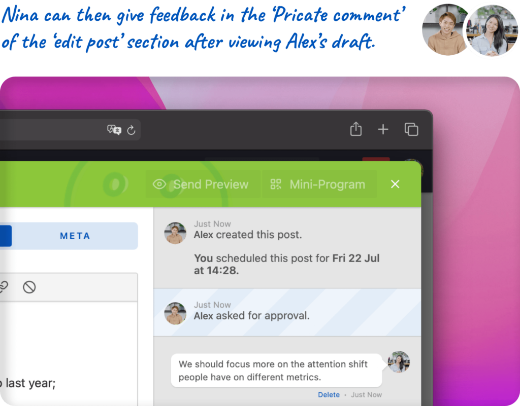 Nina can then give feedback in the ‘Pricate comment’ of the ‘edit post’ section after viewing Alex’s draft.