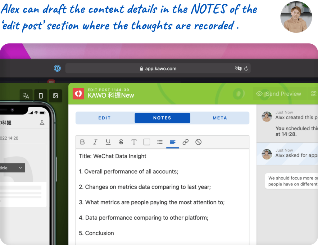 Alex can draft the content details in the NOTES of the ‘edit post’ section where the thoughts are recorded.