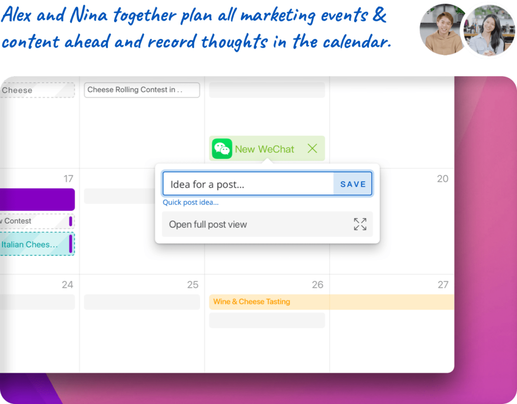 Alex and Nina together plan all marketing events & content ahead and record thoughts in the calendar.