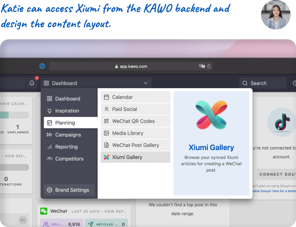 Katie can access Xiumi from the KAWO backend and design the content layout.