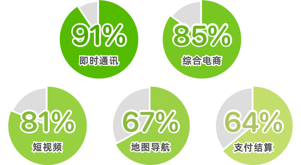 不同应用对老年人的渗透率如下：即时通讯91%，综合电商85%，短视频81%，地图导航67%，支付结算64%。